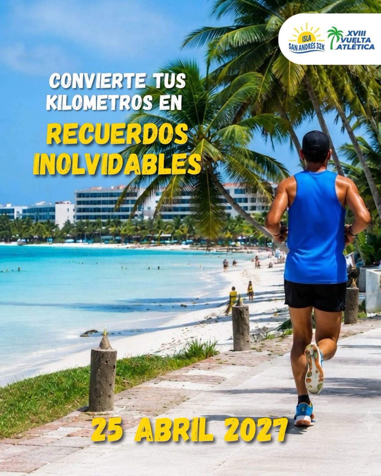 Corredor na orla de San Andrés, entre coqueiros e mar turquesa
